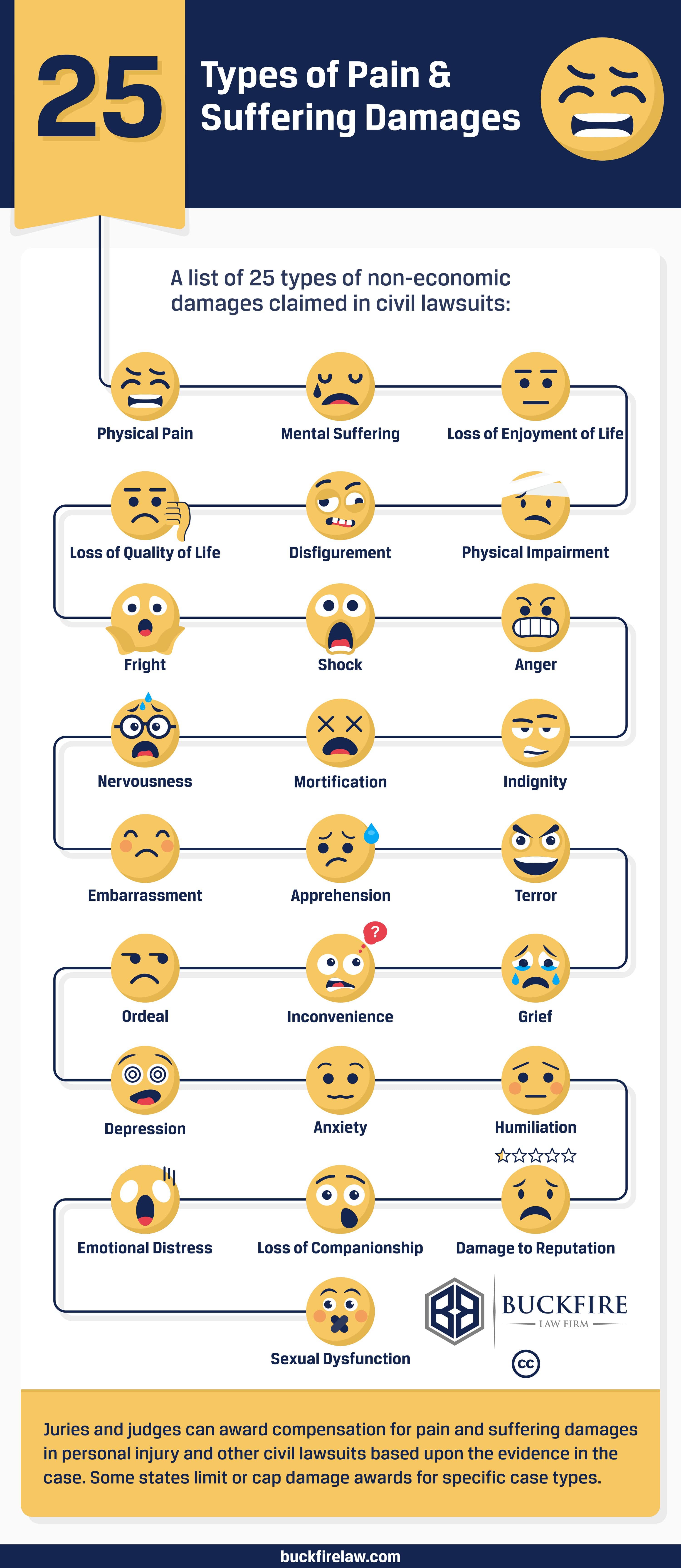 25 Types of Pain and Suffering Damages in a Lawsuit (Emoji Infographic)