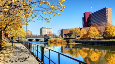 office buildings and river, flint, michigan
