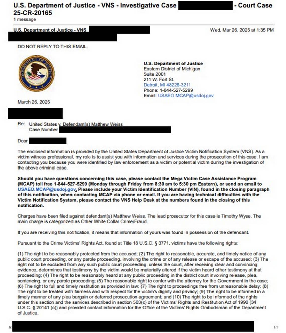 United States vs Matt Weiss DOJ Letter